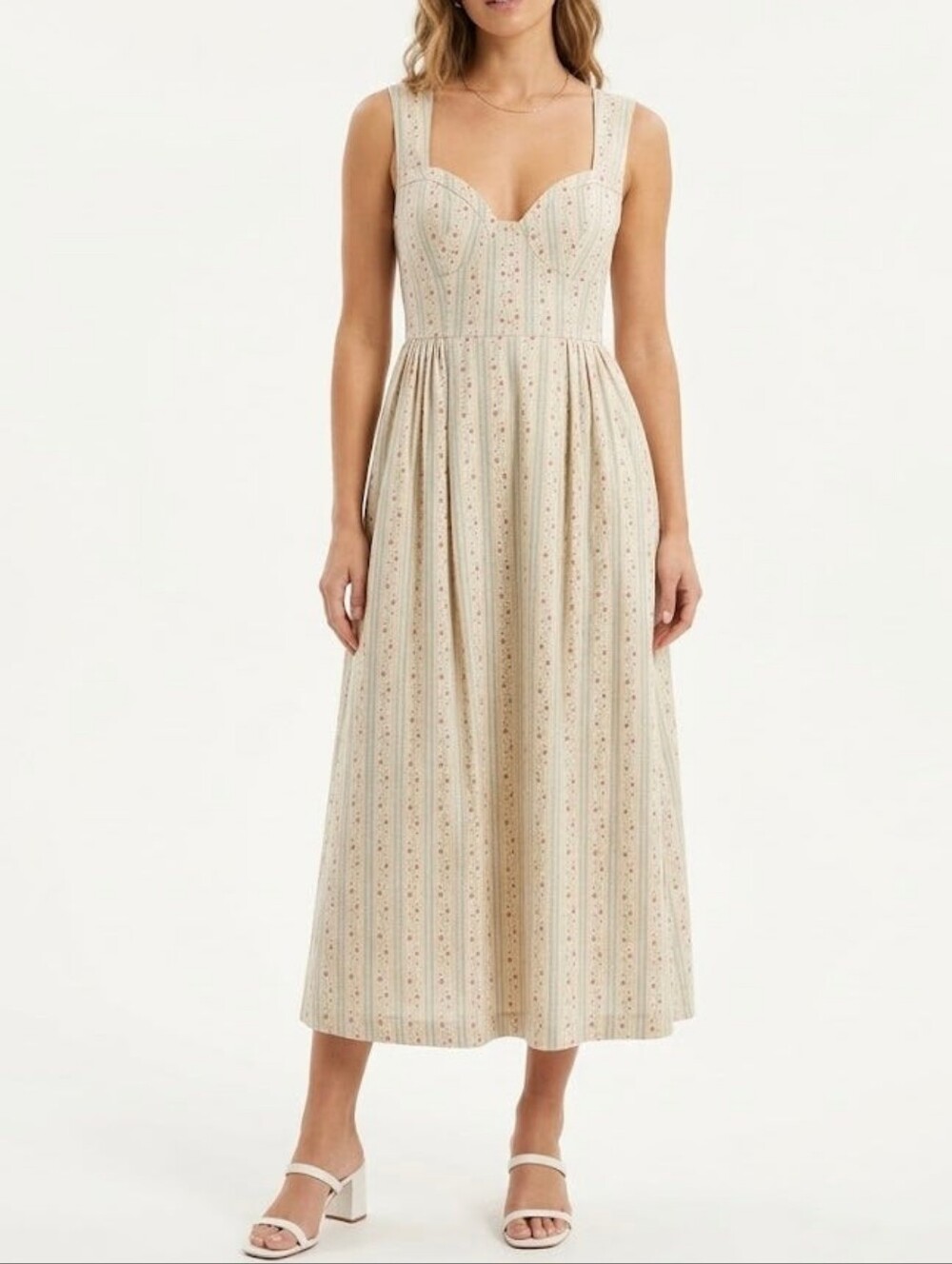 7 For All Mankind Sleeveless Corset Floral Stripe Midi Dress, Size 10, Cottage